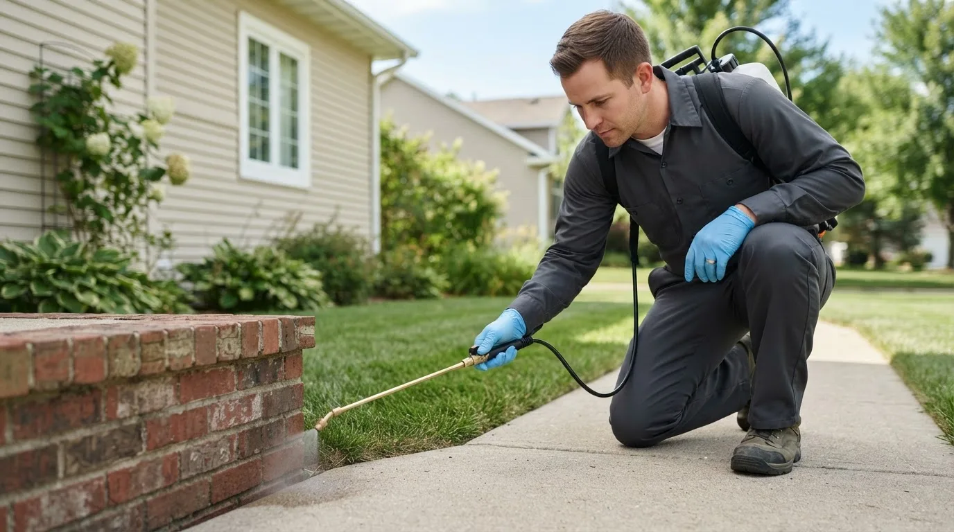 Pest control technician treating a home near Pemaquid, ME